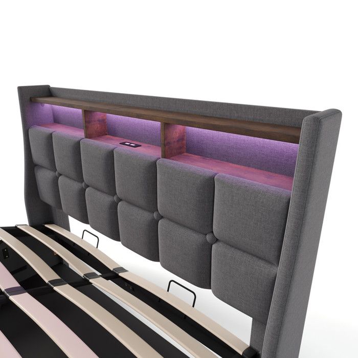 Lit adulte 180x200 cm avec 4 tiroirs, avec tête de lit LED et fonction de chargement USB C, en coton, gris, sans matelas | Leroy Merlin