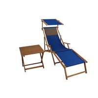 Chaise longue de jardin pliante bleue avec repose-pieds, pare-soleil et table - ERST-HOLZ - modèle 10-307FSTKD