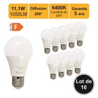 Lot de 10 ampoules LED 11,1W (équiv. 75W) E27 1055lm 6400K - garantie 5 ans