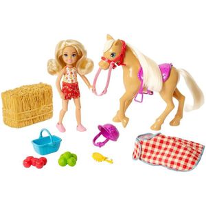 POUPÉE Poupées mannequins et accessoires Barbie Famille mini-poupée Chelsea et son poney à la ferme