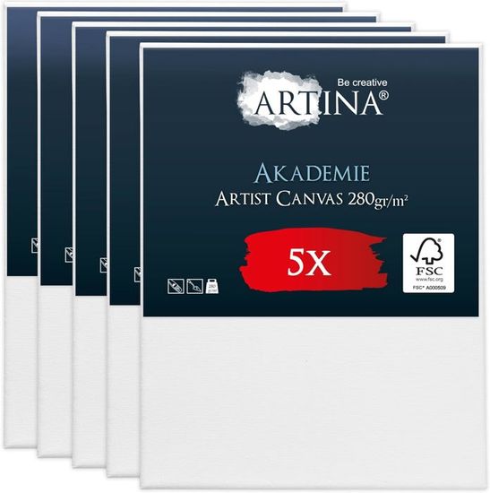 Artina Lot de 5 Toile à peindre 40x50cm 280g/m² Akademie - Apprêtée 2 fois - Châssis entoilé - Qualité fine