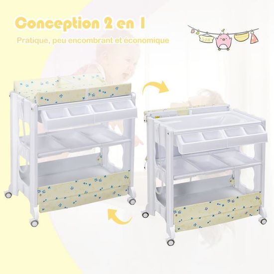 Costway Table A Langer Avec Baignoire A Roullette Avec Matelas Tuyau De Vidange 2 Etageres De Rangement 4 Compartiments Blanche Cdiscount Puericulture Eveil Bebe