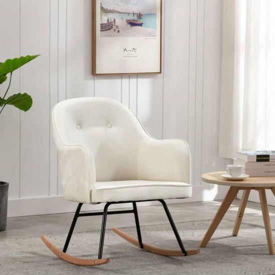🍀7056Magnifique-Chaise Fauteuil à Bascule Scandinave Chaise Loisir et Repos Rocking-Chair salon - Blanc crème Velours