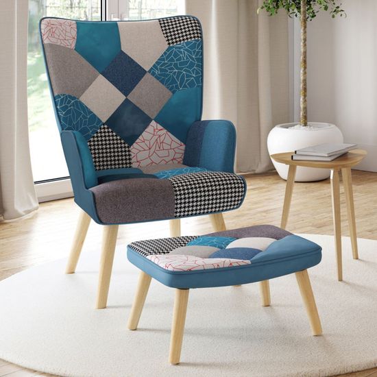 Fauteuil Scandinave Ivar Avec Repose-pieds - Tissu Patchwork Velours Bleu - Design Nordique Et Confortable