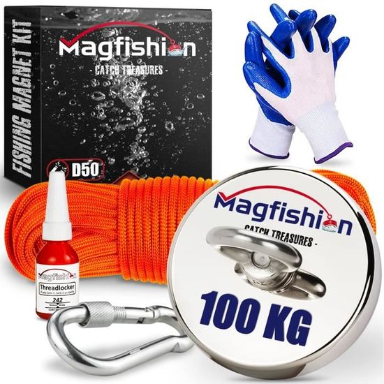 Aimant De Pêche MAGFISHION 100KG - Néodyme Puissant Avec Corde 20m, Gants Et Threadlocker - Kit Complet