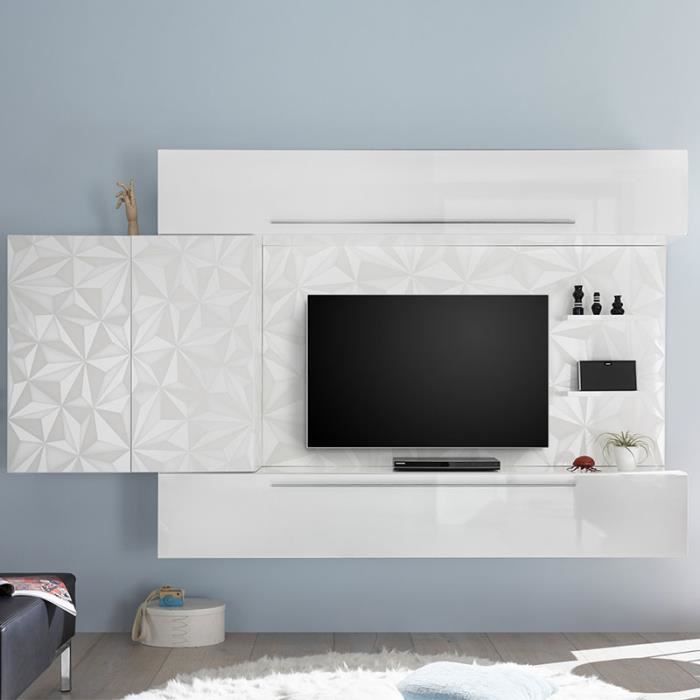 Ensemble TV mural blanc laqué design PAOLO Blanc L 265 x P 35 x H 200 cm