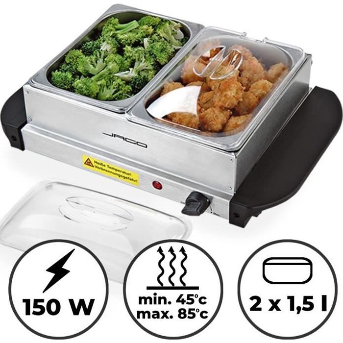 Chauffe-Plats Électrique en Acier Inoxydable Maintien de la Température Buffet Server Plaque Chauffante 2 x 1,5 l