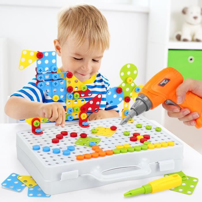 Assemblage Jouets Mosaique Puzzle Bloc de Construction Jouet Jeux Éducatif avec Perceuse Tournevis Outil Enfant Garcon Fille