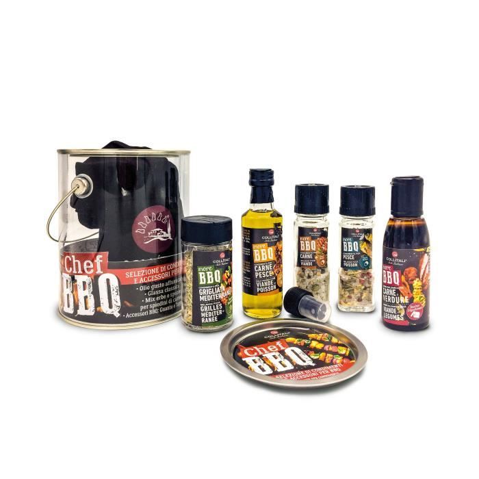 COLLITALI KIT BBQ : huile olive 100 ml, crème balsa 100 ml, broyeur mix viande 70 g, poisson 70 g, herbes 60 g,Toque