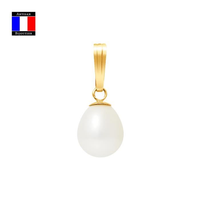 Compagnie Générale des Perles - Pendentif Véritable Perle de Culture Poire 7-8 mm - Or Jaune 18 Carats - Bijou Femme
