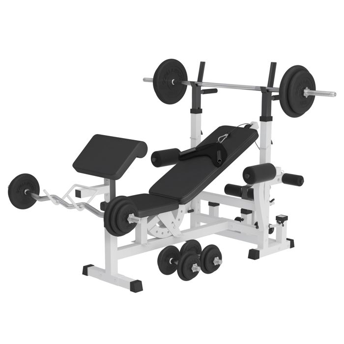 Banc de musculation universel avec support pour haltères et set d'haltères en caoutchouc de 105,5kg