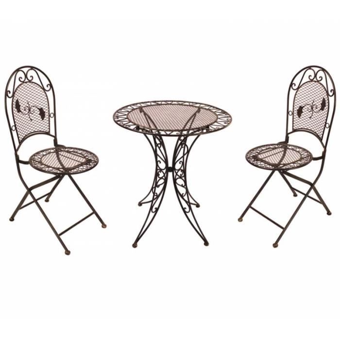 Salon de Jardin 2 Personnes Salon de Thé Bistrot 1 Table 2 Chaises Pliables en Fer Marron