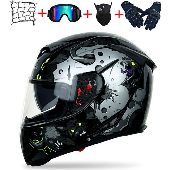 Casque Moto Scooter Intégral Homme Femme Double Visière Pare-Soleil Intégré Cadeaux 4 Pièces