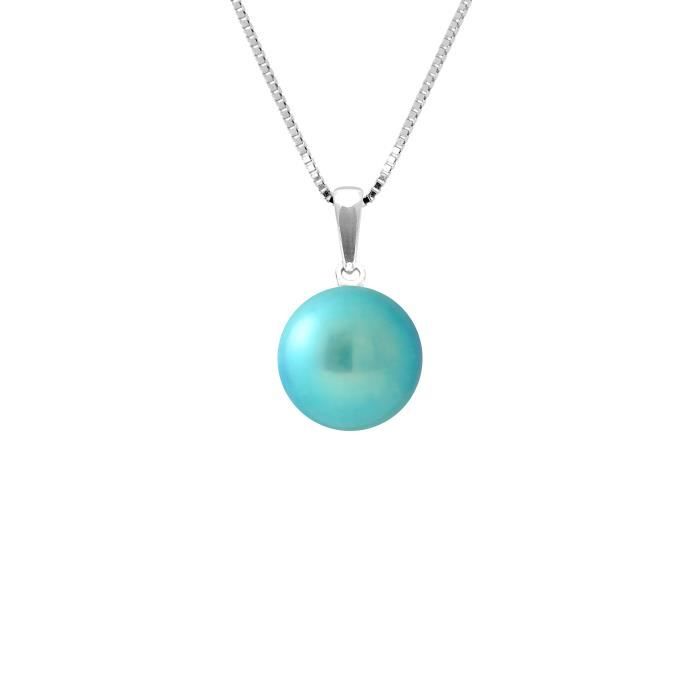 PERLINEA - Collier Perle de Culture d'Eau Douce AAA+ - Bouton 9-10 mm - Bleu Turquoise - Argent 925 Millièmes - Bijoux Femme