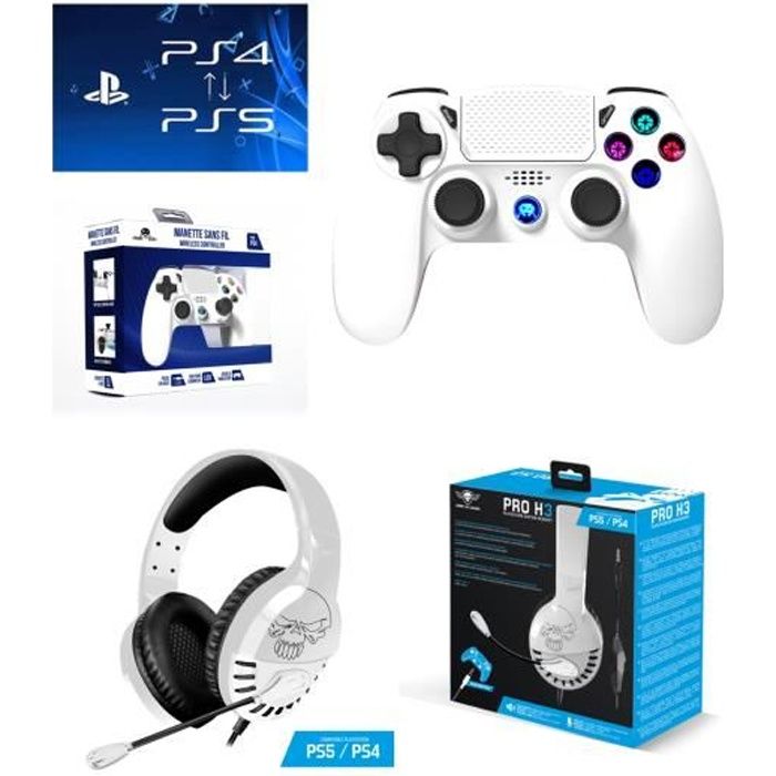Pack Manette PS4 Bluetooth Blanche 3.5 JACK + Casque Spirit of Gamer PRO-H3 PS4-PS5 PLAYSTATION