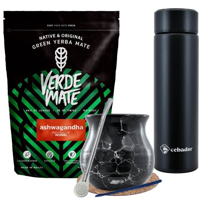Yerba Mate Kit + Verde Mate Ashwagandha 500g + Thermos Led 480 ml + Noir Marbré Calebasse Maté 350 ml et Bombilla