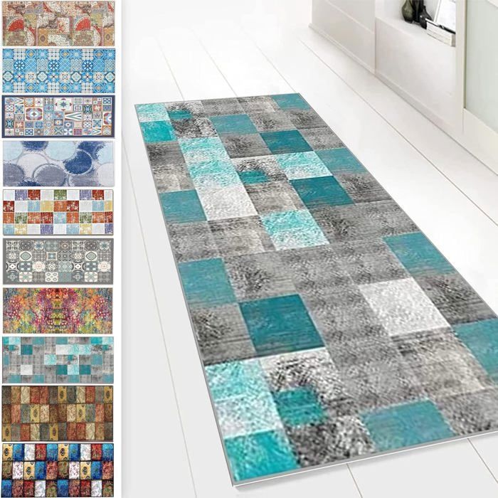 Tapis De Passage Antidérapant Boho Bleu - 100x200cm Lavable - Tapis Couloir, Entrée Et Salon