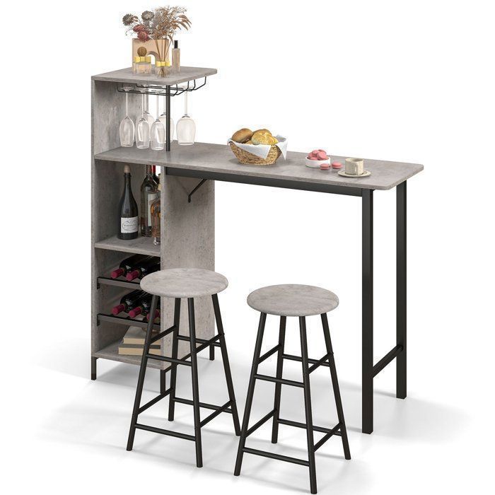 GOPLUS Ensemble Table à manger & 2 Tabouret 3 Pièce120 x 40 x 35cm Ensemble Table Bistro avec Porte-Verres&Étagères OuverteGris