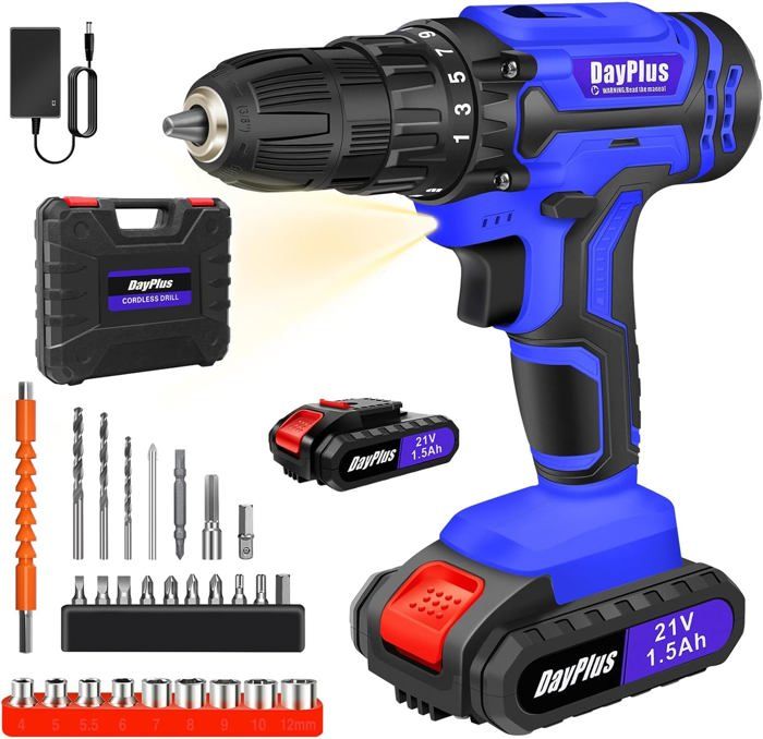 Perceuse-visseuse sans fil 21 V avec 2 batteries 2,0 Ah, 24 accessoires - Couple 40 N·m - 25 + 3 niveaux de couple - Pour les outils de bricolage et l'utilisation industrielle