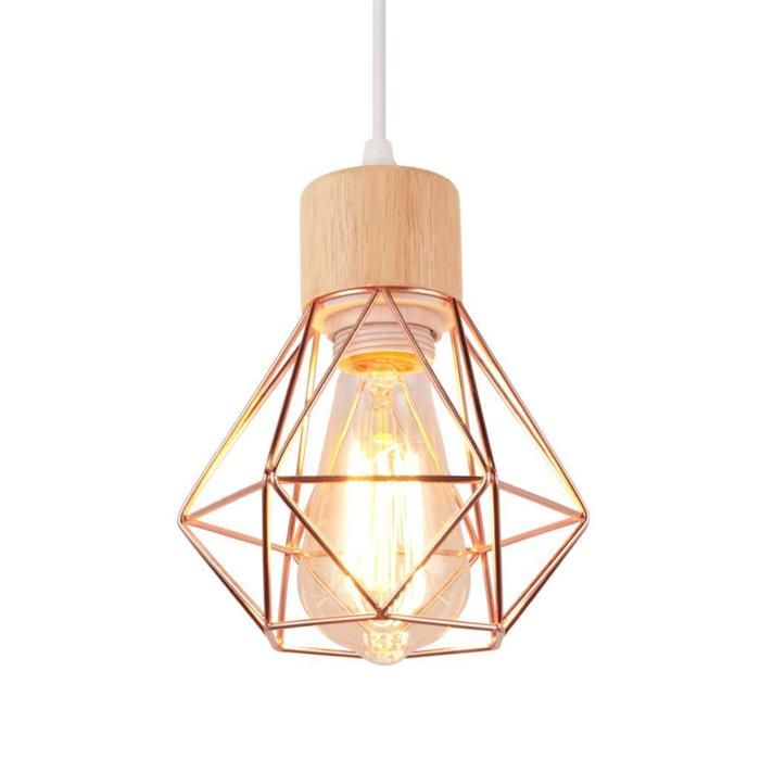WOTTES Suspension Luminaire Vintage Industrielle Lustre Abat-jour en Métal et Bois Ø16cm Rétro Or rose Pour Salon Cuisine (1pcs)