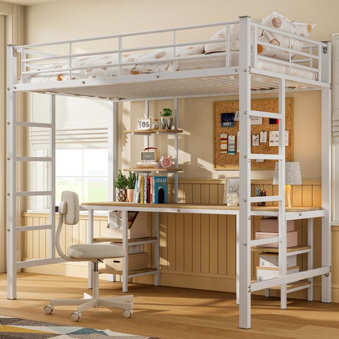 Lit Mezzanine 90x200 cm a Cadre en Fer Lit Enfant avec Table et Étagères Lit avec Échelle Latérale et Barrière de Sécurité Blanc