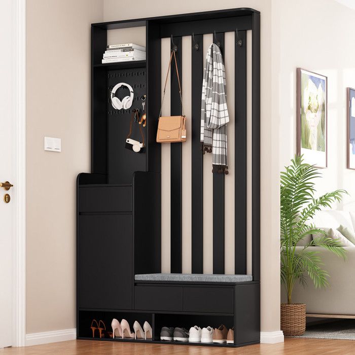 Meuble dEntrée - Porte-Manteau avec Range-Chaussures - Banc Rembourré - Panneau Perforé - Noir