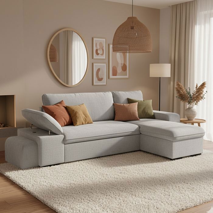 ALYA Canapé dangle reversible convertible gris clair (tissu lisse) - Taille M - 4 places - 255 x 148 x 88