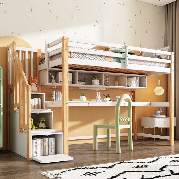 Lit mezzanine enfant 90x200 cm avec grand bureau et étagères escalier de rangement peinture écologique