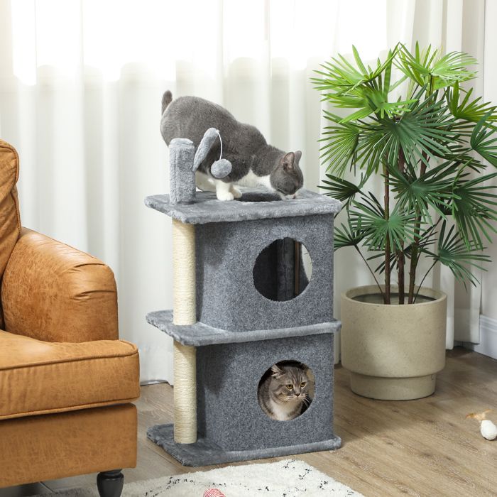 Comparer les prix de Arbre à chat à 3 niveaux tour pour chat 2 niches et surface de repos confortable balle 43 x 33 x 80 cm gris foncé