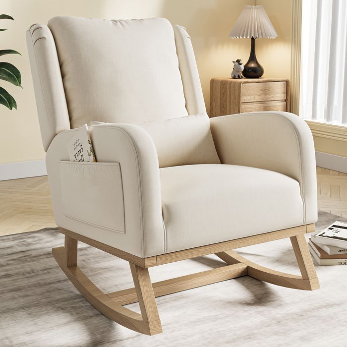 ADWOLT Fauteuil à Bascule Rocking Chair avec rangement de poche Chaise à Bascule avec Pieds en Bois Massif Beige Lin