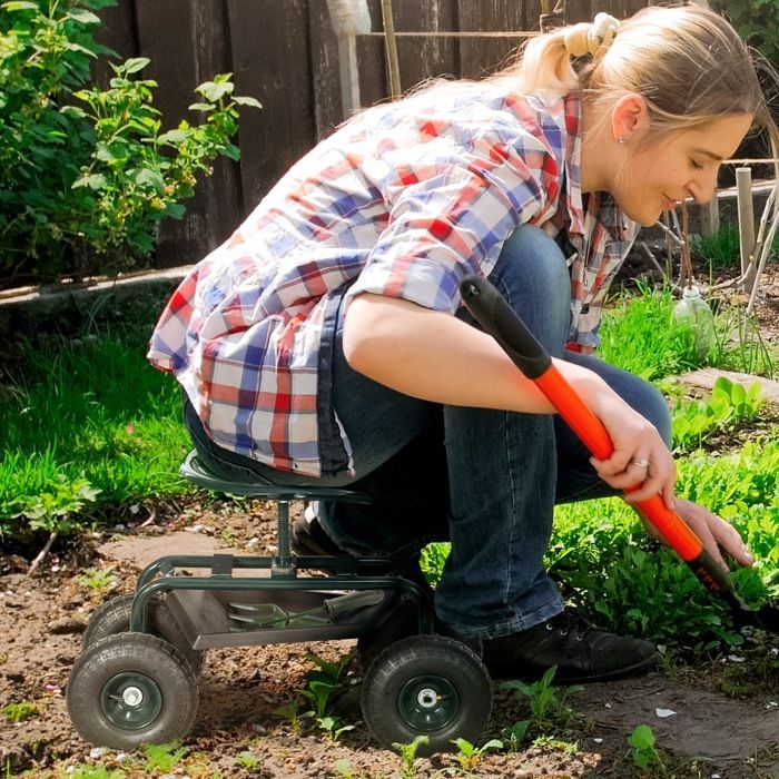Siège de jardin chaise roulante pivotant à 360° et réglable en hauteur avec plateau à outils charge max. 150 Kg vert