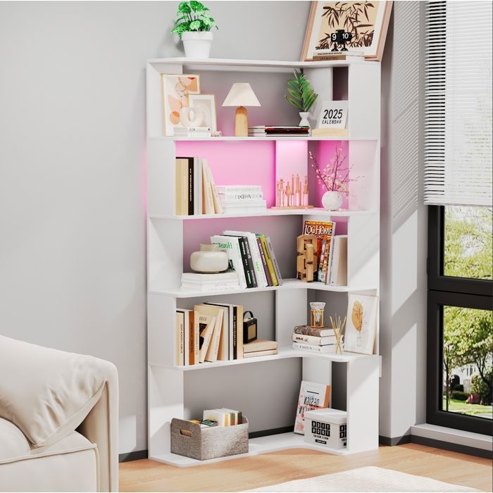 Bibliothèque dAngle 5 Étagères avec Lampe LED - Meuble de Rangement Triangulaire pour Salon et Bureau - 90x48x169 cm - Blanc