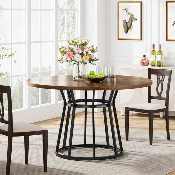 Table à Manger pour 4 PersonnesLittle TreeIndustriel Vintage Table Ronde Avec plateau en Bois et Piètement en Métal Noir