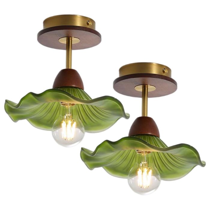 WOTTES Lot de 2 Plafonniers Rétro avec Abat-jour en Verre Vert et Noyer Fleurs Design Lampe Vintage E27 Ø23CM Luminaire Couloir