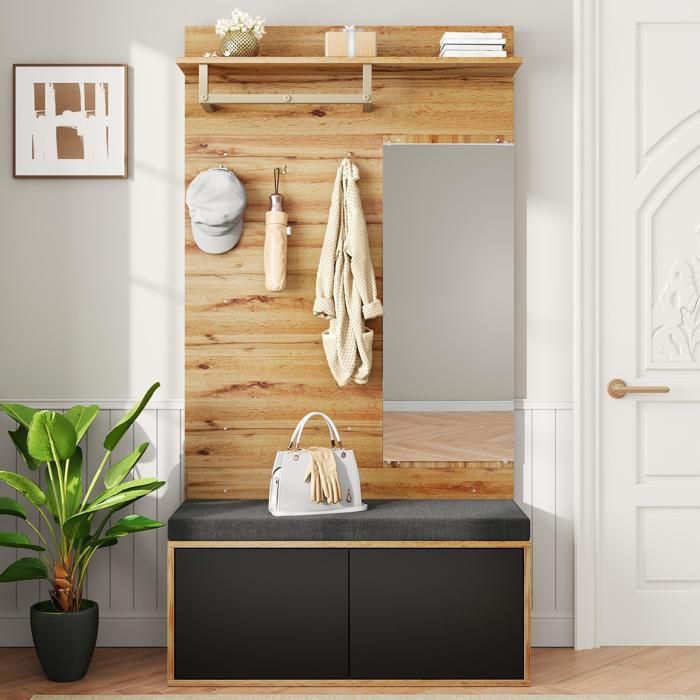 Meuble dEntrée en Bois 100x38x190 cm Porte-manteau avec Miroir et Banc Rembourré Meuble à Chaussures et Étagères - Noir+Naturel