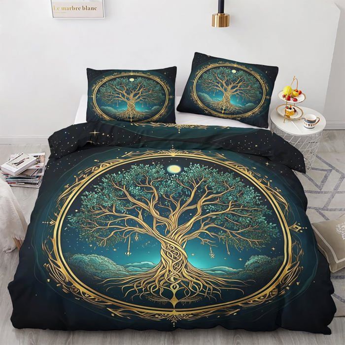Housse de Couette 200x200 Decoration Arbre de Vie Linge de Lit en Microfibre avec Fermeture éclair 2 Taies doreiller 65x65 cm