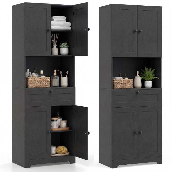 COSTWAY Armoire de Salle de Bains avec 4 Portes 1 Tiroir Compartiment Ouvert Étagère Réglable pour Salon Cuisine Noir