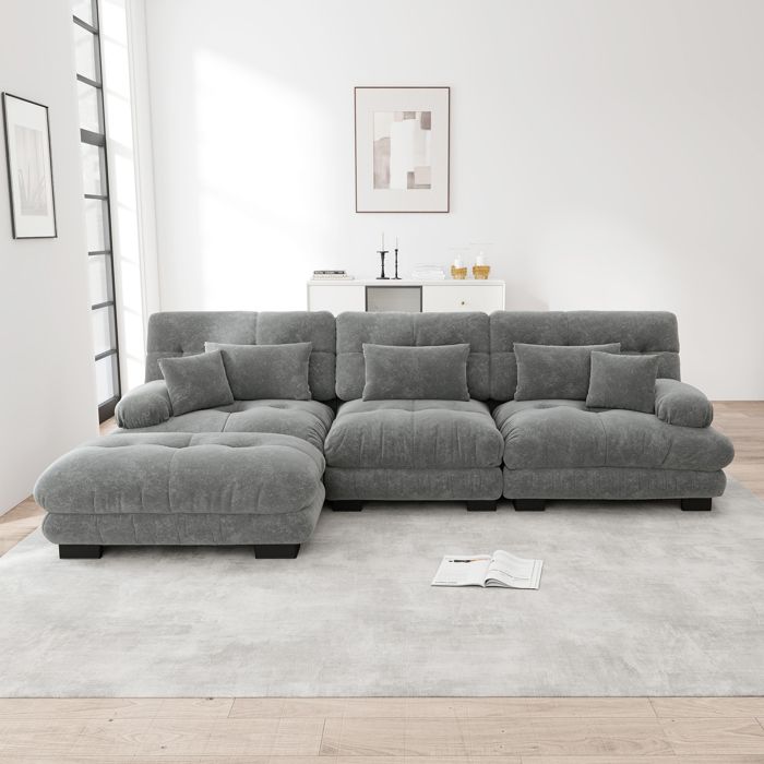 Canapé dangle - L profond convertible avec ottomane - Convertible quotidien - Velours côtelé gris - 4 places modulable