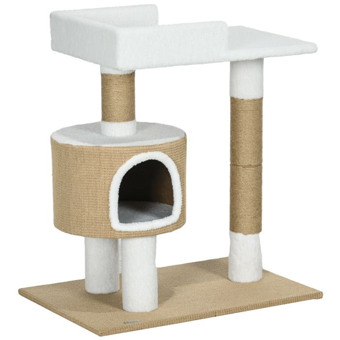 Arbre à chat - 79 cm - Marron/Blanc - Niche confortable - Poteaux à griffer en jute - Surface douce