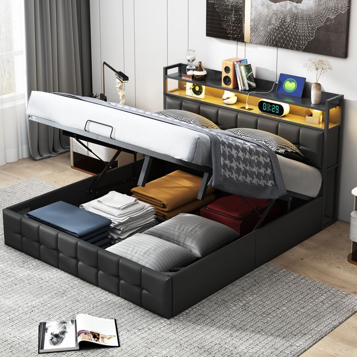 Lit double en cuir PU noir 160×200 cm lit adulte avec rangement élévateur ports USB et LED sommier à lattes sans matelas