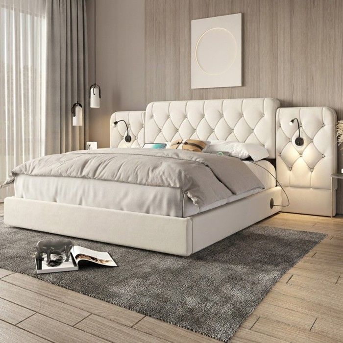 Lit coffre - VVBV - Velours Beige 180x200 - Tête de lit XXL capitonnée - Sommier hydraulique - Liseuses & USB