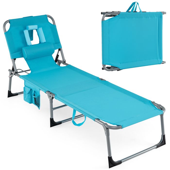 COSTWAY Chaise Longue Pliante avec Trous Pochette Latérale et Appuie-Tête Amovible Réglable à 5 Positions 160 kg Vert COSTWAY Chaise Longue Pliante avec Trous Pochette Latérale et Appuie-Tête Amovible Réglable à 5 Positions 160 kg Vert