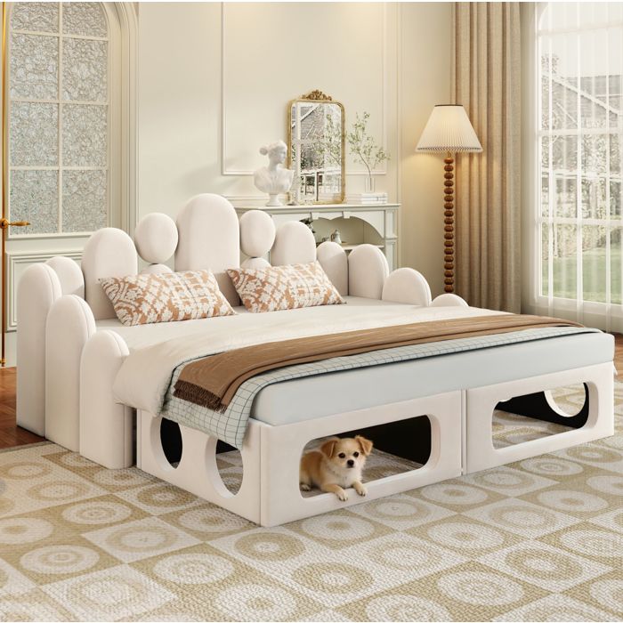Lit banquette 180x200 cm adulte modulable en 2 lits. couchage animal intégré. sommier à lattes. velours beige