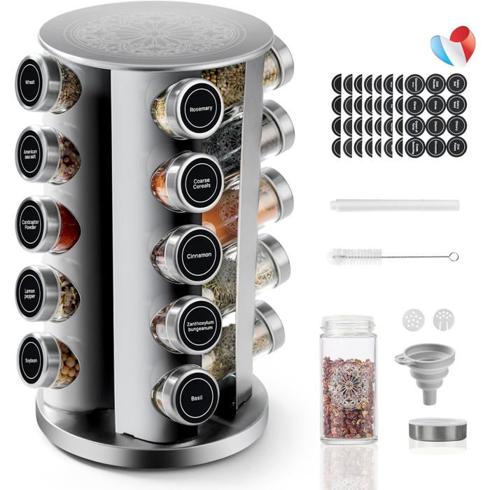 Carrousel à épices en acier inoxydable - ESTAMPILLE - Rotatif 360 degrés - 20 pots en verre 100ml