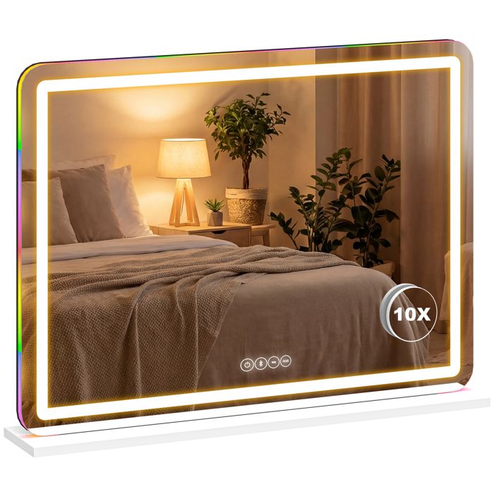 Miroir maquillage - HOMCOM - LED dimmable lumière RGB 3 températures de couleur contrôle tactile - 80x60cm - verre - blanc