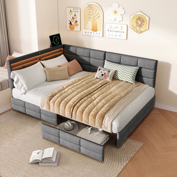 Canapé-Lit 140x190cm Lit simple avec 2 tiroirs Canapé-lit rembourré avec LED et USB Lit de jour simple pour les adolescents Gris