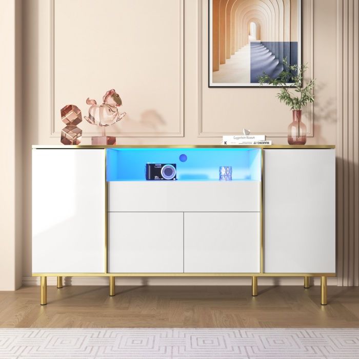 Buffet Sideboard 150 x 40 x 80 cm - 1 Tiroir & 4 Portes - Éclairage LED - Détails Dorés Luxe - Blanc Haute Brillance
