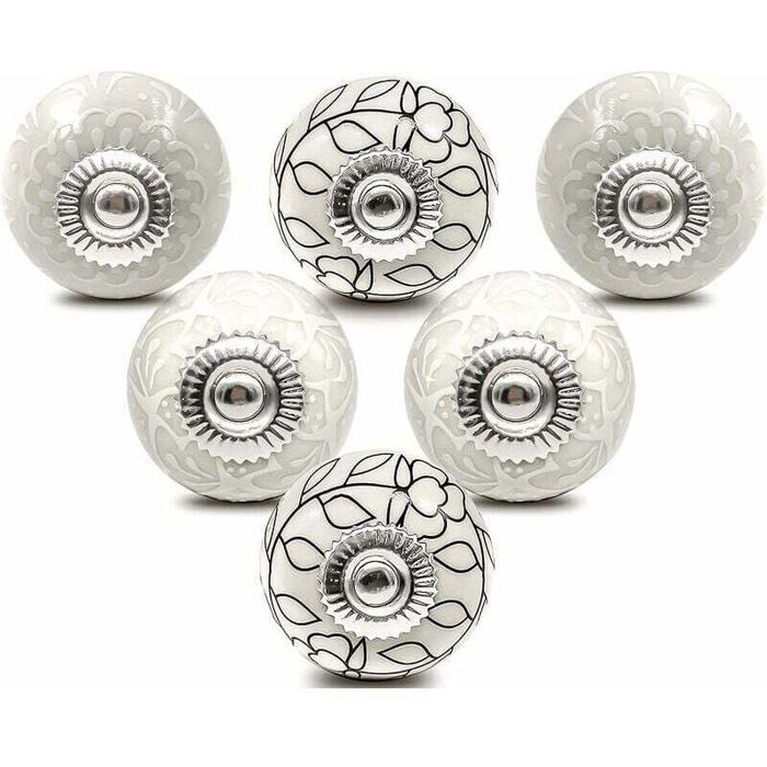 Bouton de meuble en céramique - PZCC - Lot de 6 - Blanc - Diamètre 40 mm - Style vintage - Installation facile