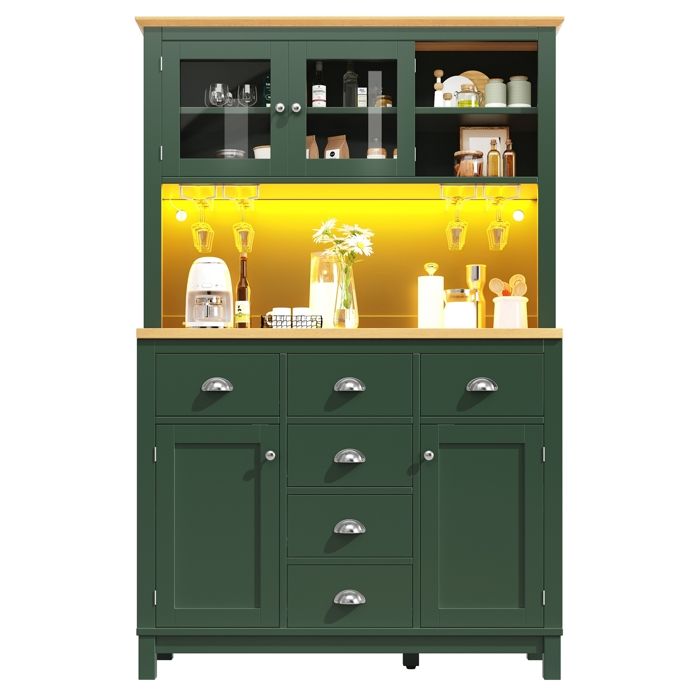 Armoires Cuisine Meuble Buffet Cuisine avec LED Haut Vaisselier avec 4 Portes et 6 Tiroirs MDF Buffet Salon104x40x180cm Vert