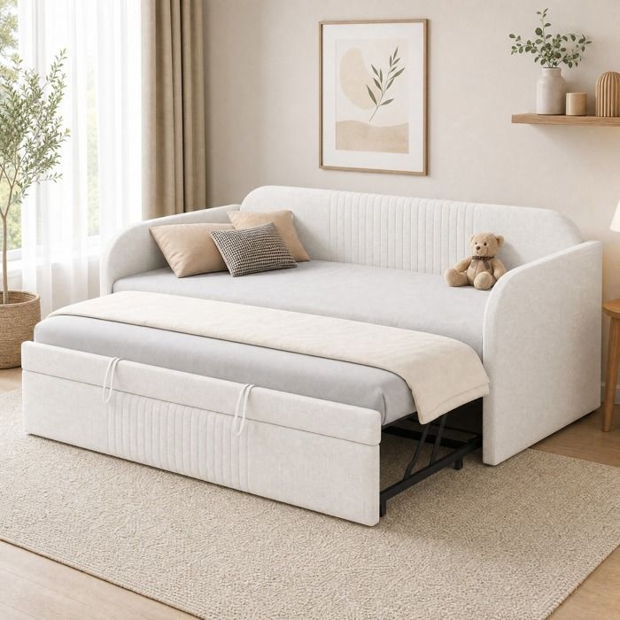 Lit rembourré 2 places 90×190/180×190 cm cadre à lattes et 300 kg - BEAUNIV - sans matelas lin beige